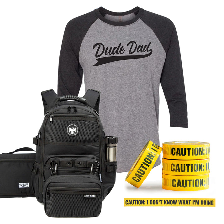 Dad On The Go Set: Dude Dad Diaper Bag + Baseball Tee + Caution Tape