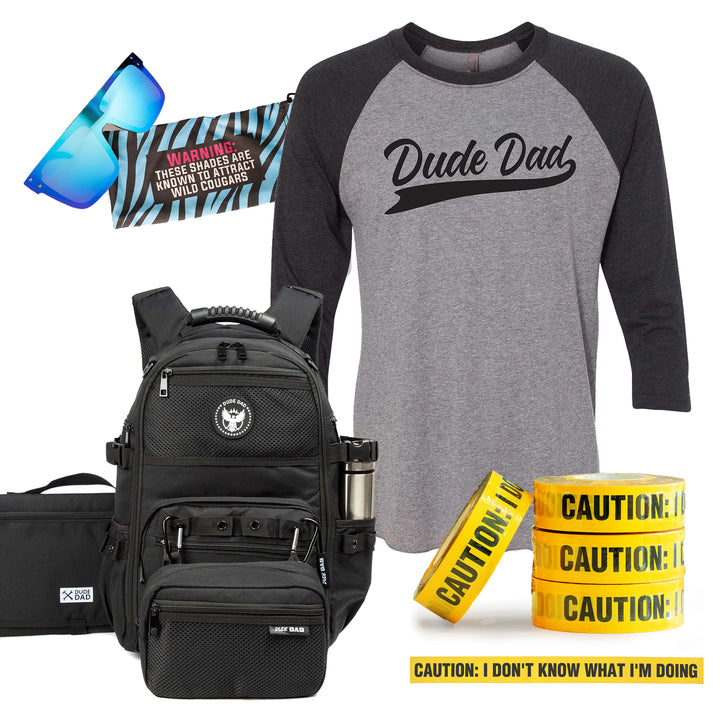 Dad On The Go Set: Dude Dad Diaper Bag + Baseball Tee + Caution Tape + Sunglasses